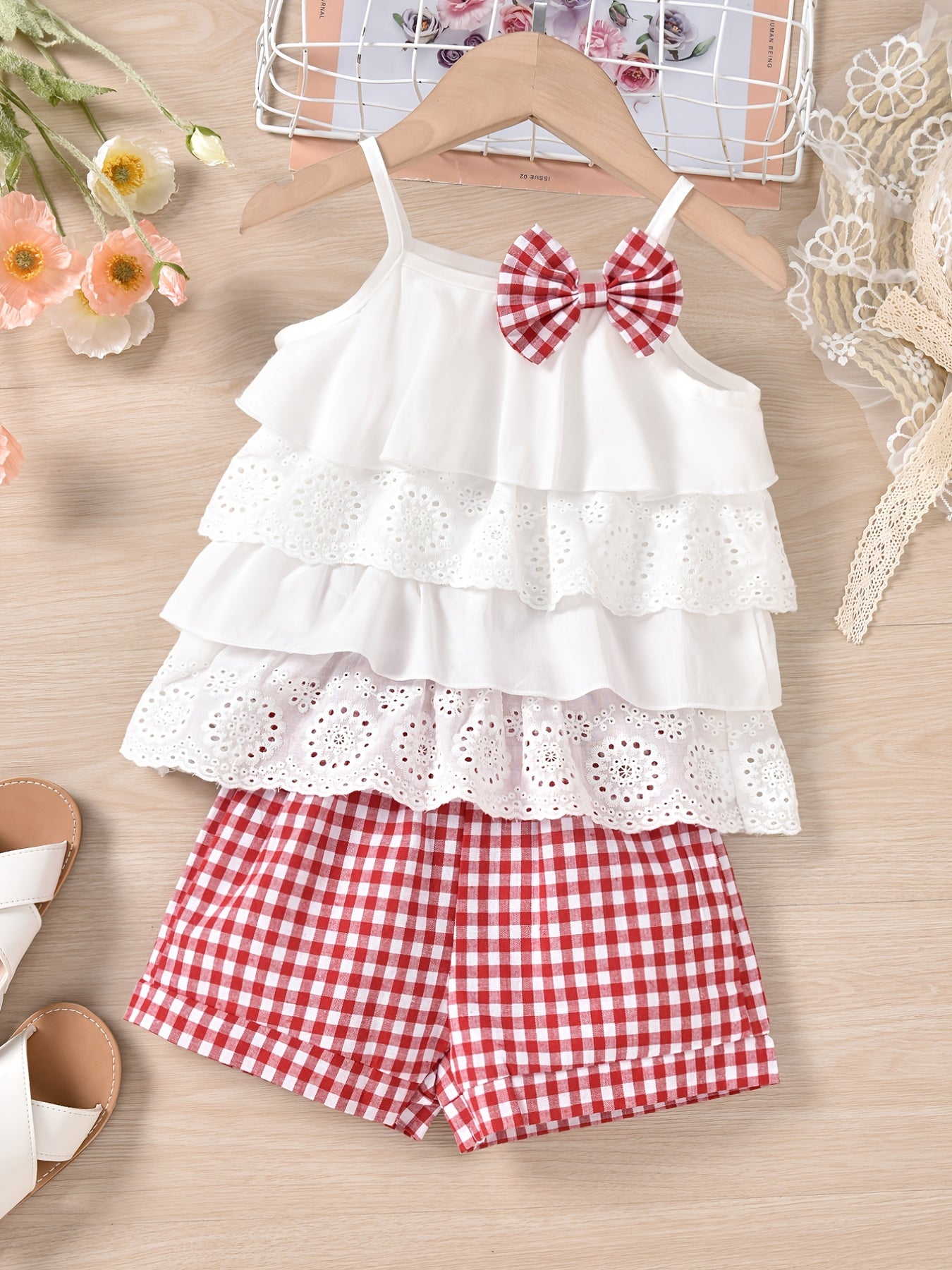 Cute Ruffle Lace Top & Check Shorts Two-Piece Set - White Blouse with Yellow Bow, Yellow & White Gingham Shorts, Perfect for Spring/Summer, Casual Playwear|Ruffle Detail Top|Nonstretch Fabric, for Outdoor