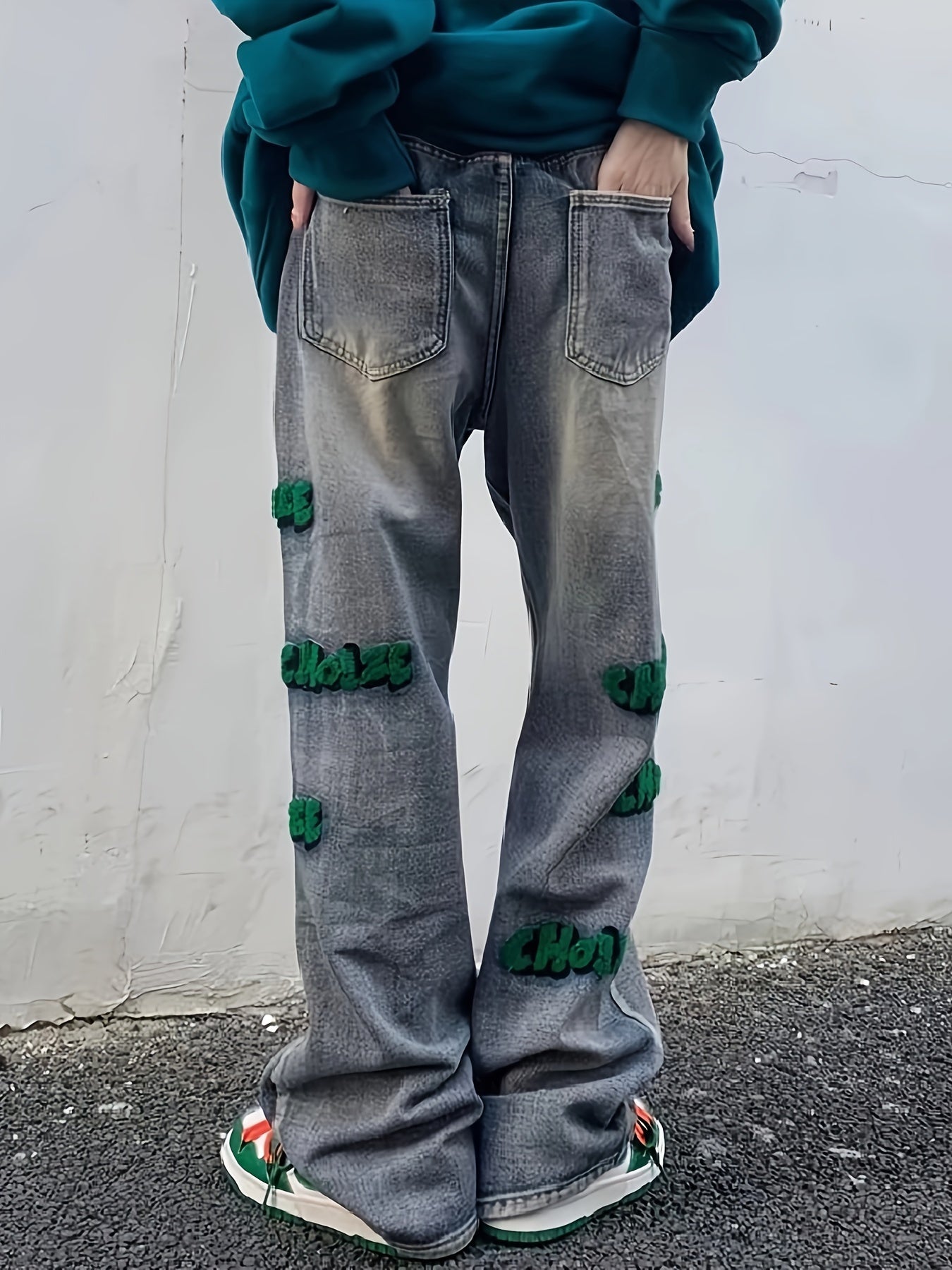 Embroidery Cotton Baggy Jeans, Men's Casual Creative Street Style Denim Pants For Spring Summer