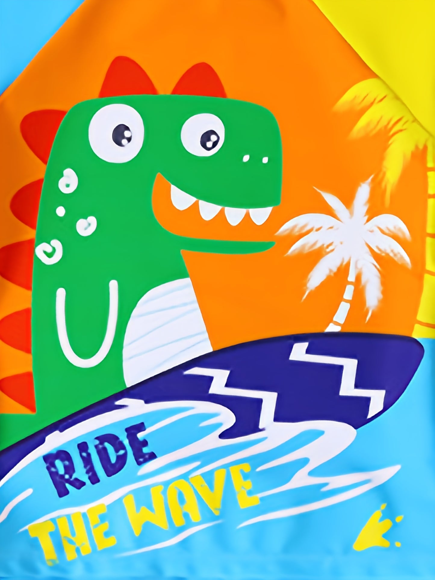 Boys' Dinosaur "Ride the Wave" Swimsuit Set with Matching Cap - Stretchy, Quick-Dry Polyester/Elastane Blend, Crew Neck Top & Shorts for Youngsters - Colorful Cartoon Design, Machine Washable