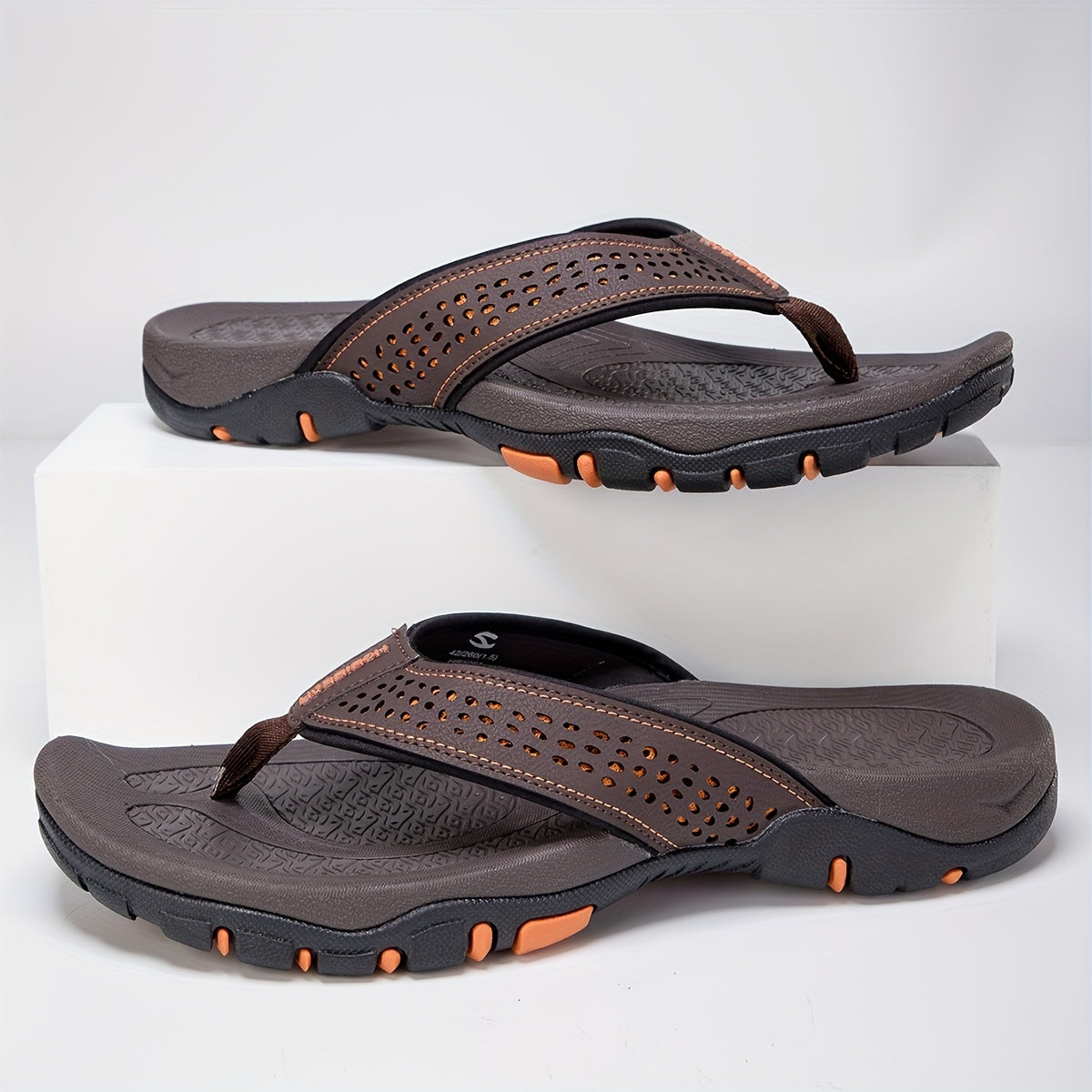 Men's Breathable Slip-On Sandals - Comfortable Non-Slip Beach Slippers with TPR Sole & EVA Cushion, Textured Traction Design, Durable PU Upper, Brown/Orange Accents - Extended Sizes Available, Summer Footwear | Stylish Comfor