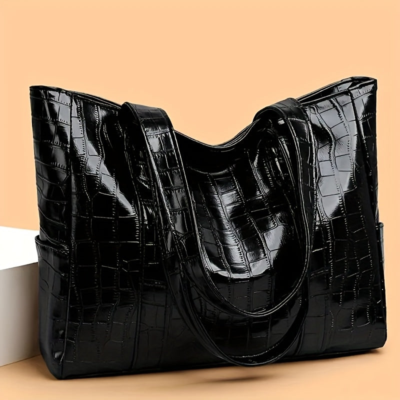 Stylish White Crocodile-Textured Tote Bag with Golden-Tone Hardware - Large Capacity, Durable, Perfect for Commuting, Shopping, and Travel, Travel Tote Bag | Elegant Tote Bag | Durable Tote