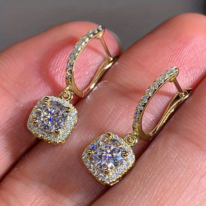 Sterling 925 Silver Ear Jewelry Square Shape Shiny zirconia Decor Dangle Earrings Luxury Style Banquet Party Ear Ornaments