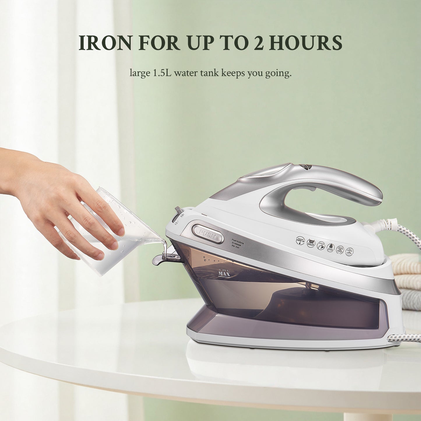 Yabano 2400W Steam Station Iron with 5.5 Bar Pressure, 1.5L Water Tank, Ceramic Soleplate, Anti-Limescale Function, Vertical Steaming, 3 Variable Temperatures, Cord Storage, Light Purple - 220-240V, European Plug, Steam Iron
