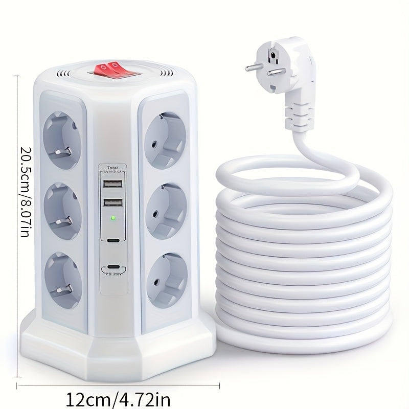 EU Multifunctional Power Tower Plug with 2 USB A Ports And 2 USB C Ports, HAFINO Triple 12-position Multi-socket Power Strip with PD 20W Fast Charging (4000W 16A) for Home And Office Scenarios