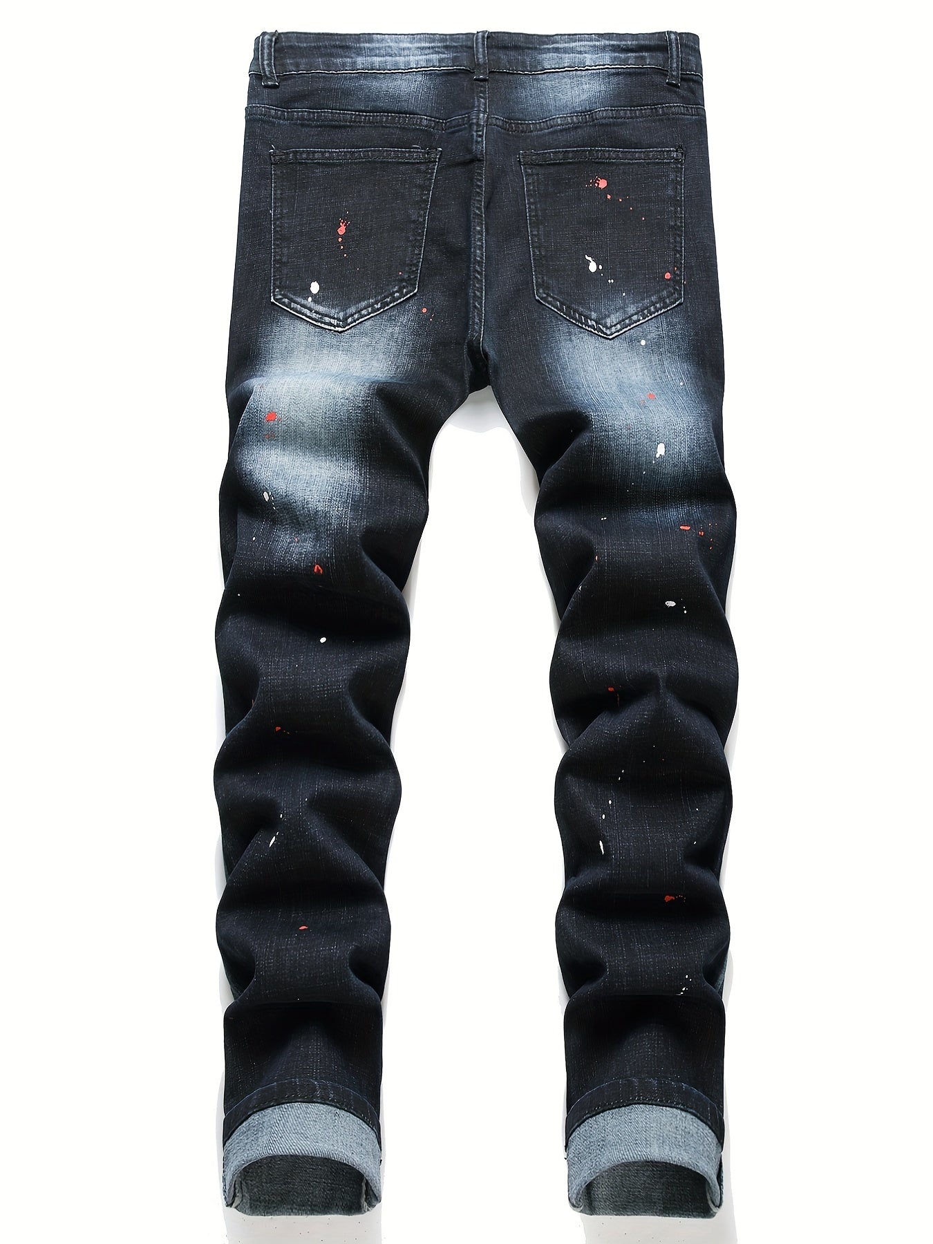 Patch Splatter Ripped Jeans, Men's Casual Street Style Distressed Slim Fit High Stretch Denim Pants For Spring Summer