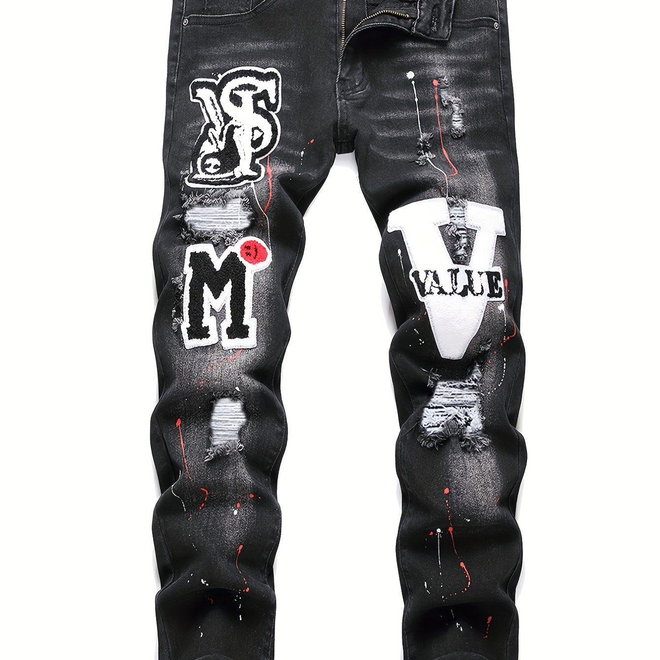 Patch Splatter Ripped Jeans, Men's Casual Street Style Distressed Slim Fit High Stretch Denim Pants For Spring Summer
