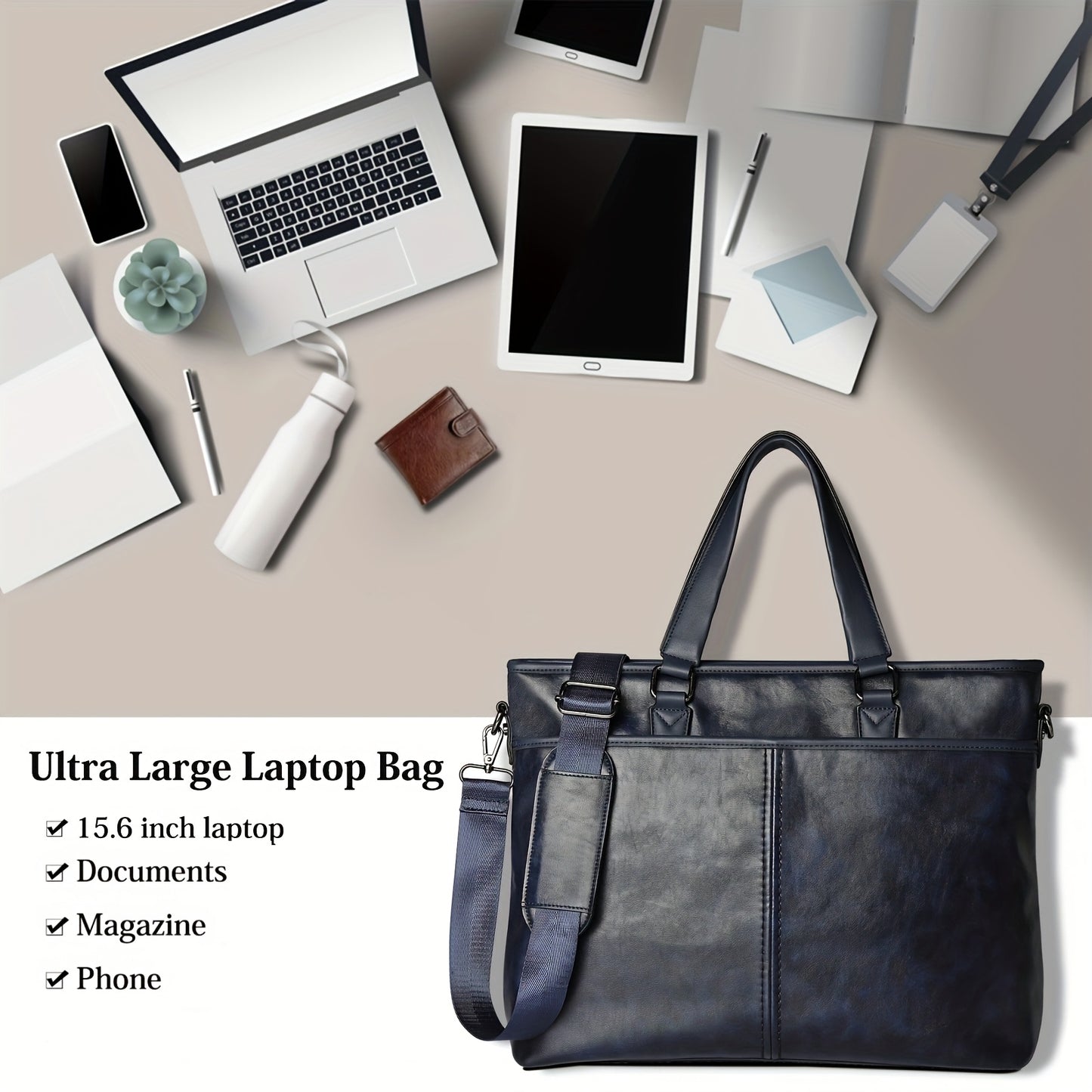 LUBARDY Men'S Business Handbag, Large Capacity B4 Two-way Synthetic Faux Leather Office Travel Commute Bag, Zipper Closure, Detachable Shoulder Strap, Polyester Lined, No Printing - Black/Brown, Navy Blue, Daily Commute Bag |