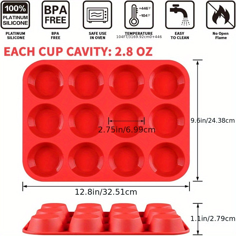 1pc, 12 Cups Silicone Muffin Pan (32.51cmx24.38cm), Nonstick BPA Free Cupcake Pan, Regular Size Silicone Mold, Baking Tools, Kitchen Gadgets, Kitchen Accessories