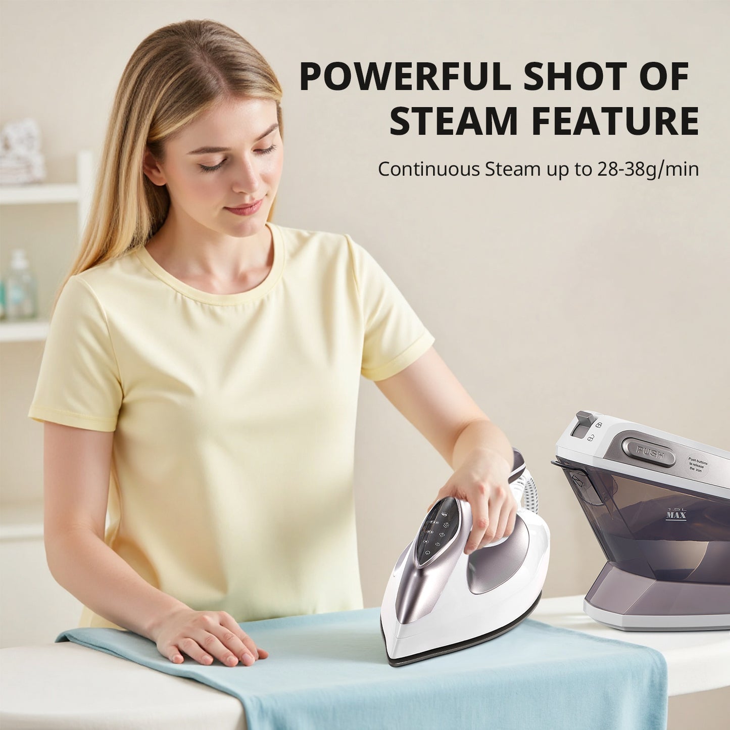 Steam Station Iron offers 5.5 bar pressure, a 1.5L water tank, a ceramic soleplate, an anti-limescale function, vertical steaming, three adjustable temperatures, cord storage, 2400W power, and comes in light purple., Steam Ir