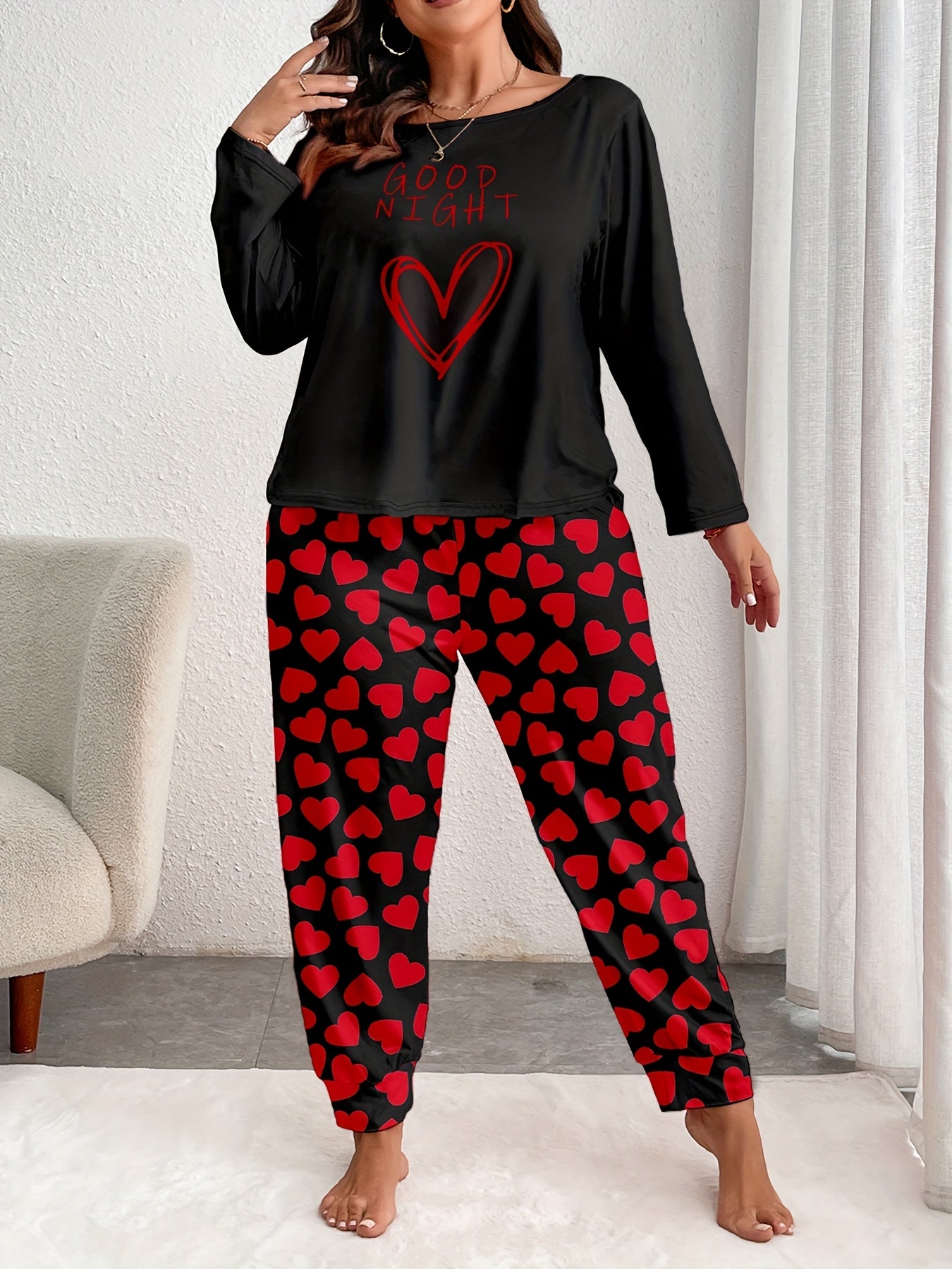 Women's Comfort Plus Size Heart Print Pajama Set - Long Sleeve and Pants, Soft Polyester Loungewear, Machine Washable, Autumn, Oversized, Heart Pattern, Long Sleeve Sleepwear Set