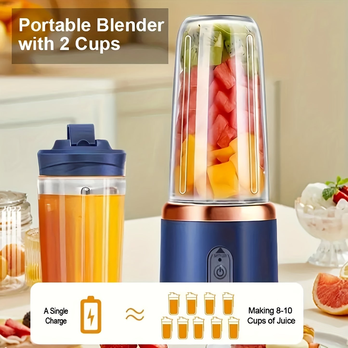 Portable Blender, Mini Smoothie and Shake Maker, USB Rechargeable Personal Mixer with 6 Blades for Fresh Juice, 430g Capacity, Stainless Steel Body, Round Shape, Ideal for Kitchen, Home, Travel - Blenders for Kitchen