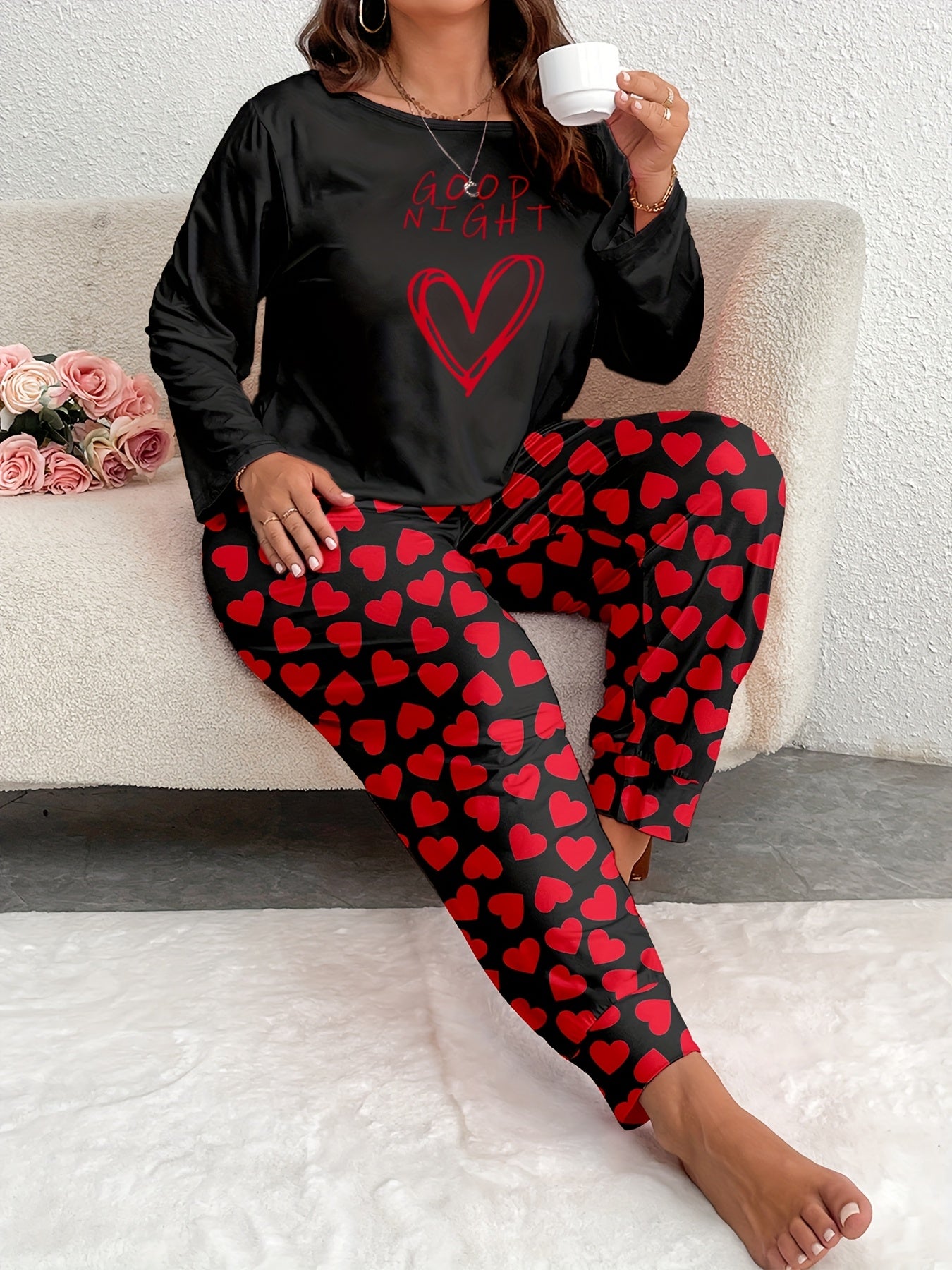 Women's Comfort Plus Size Heart Print Pajama Set - Long Sleeve and Pants, Soft Polyester Loungewear, Machine Washable, Autumn, Oversized, Heart Pattern, Long Sleeve Sleepwear Set