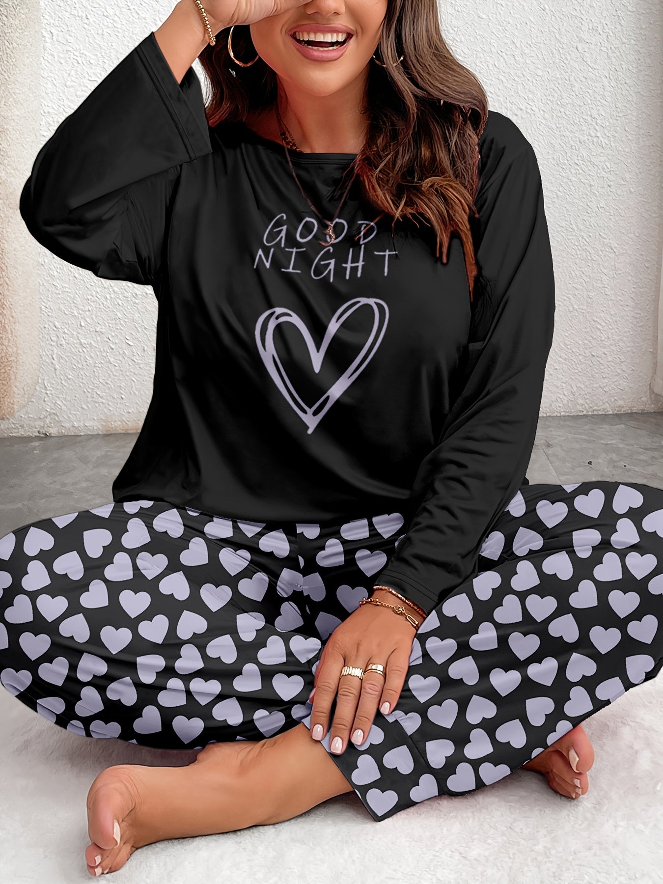 Women's Comfort Plus Size Heart Print Pajama Set - Long Sleeve and Pants, Soft Polyester Loungewear, Machine Washable, Autumn, Oversized, Heart Pattern, Long Sleeve Sleepwear Set