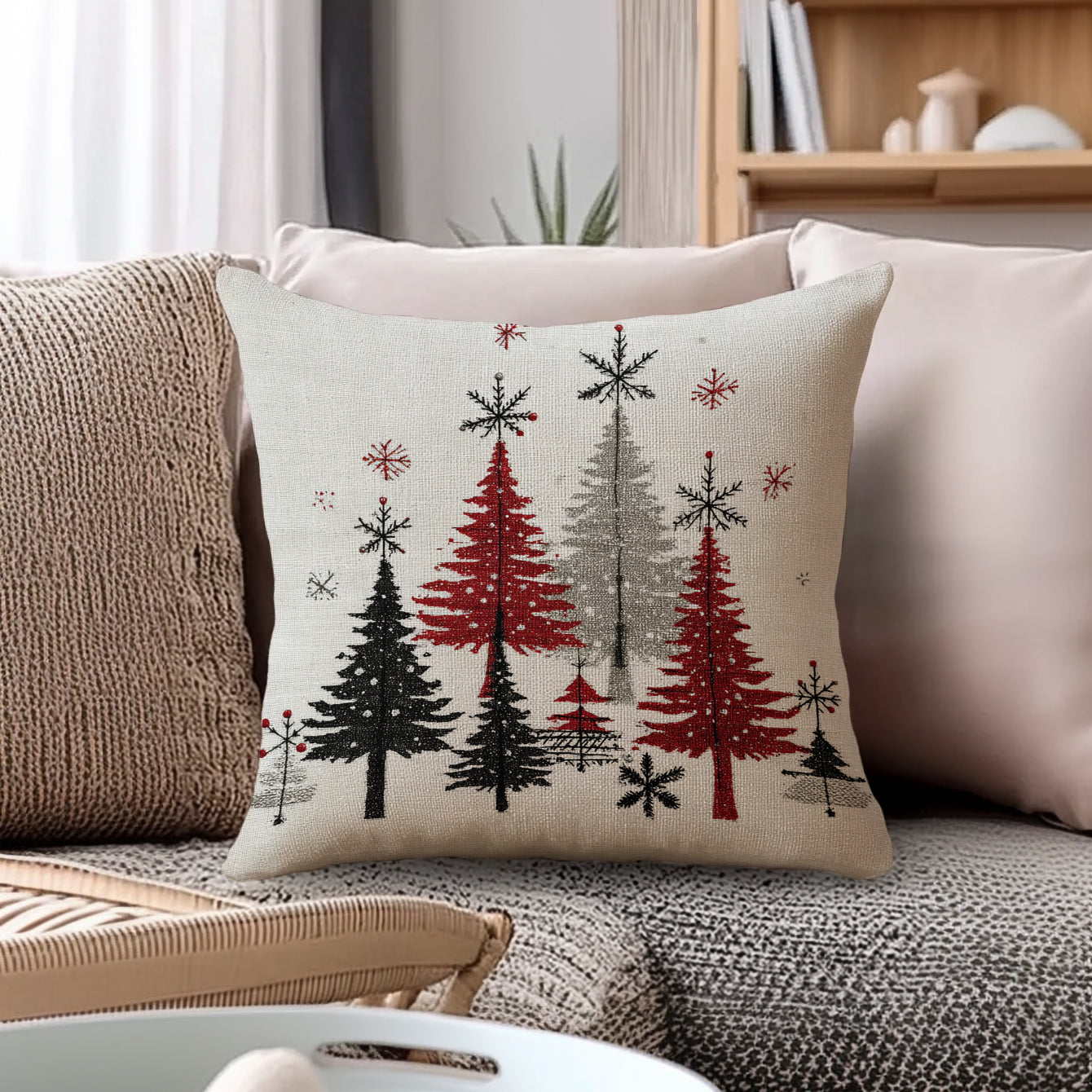 2pcs Christmas Winter Tree Throw Covers, Minimalist Beige Background with Snowflake Design, 40.64x45.72 cm Single-Sided Printed Holiday Decor for Sofa, Living Room & Bedroom (No Insert), Christmas Throw Pillows, Pink And Whit