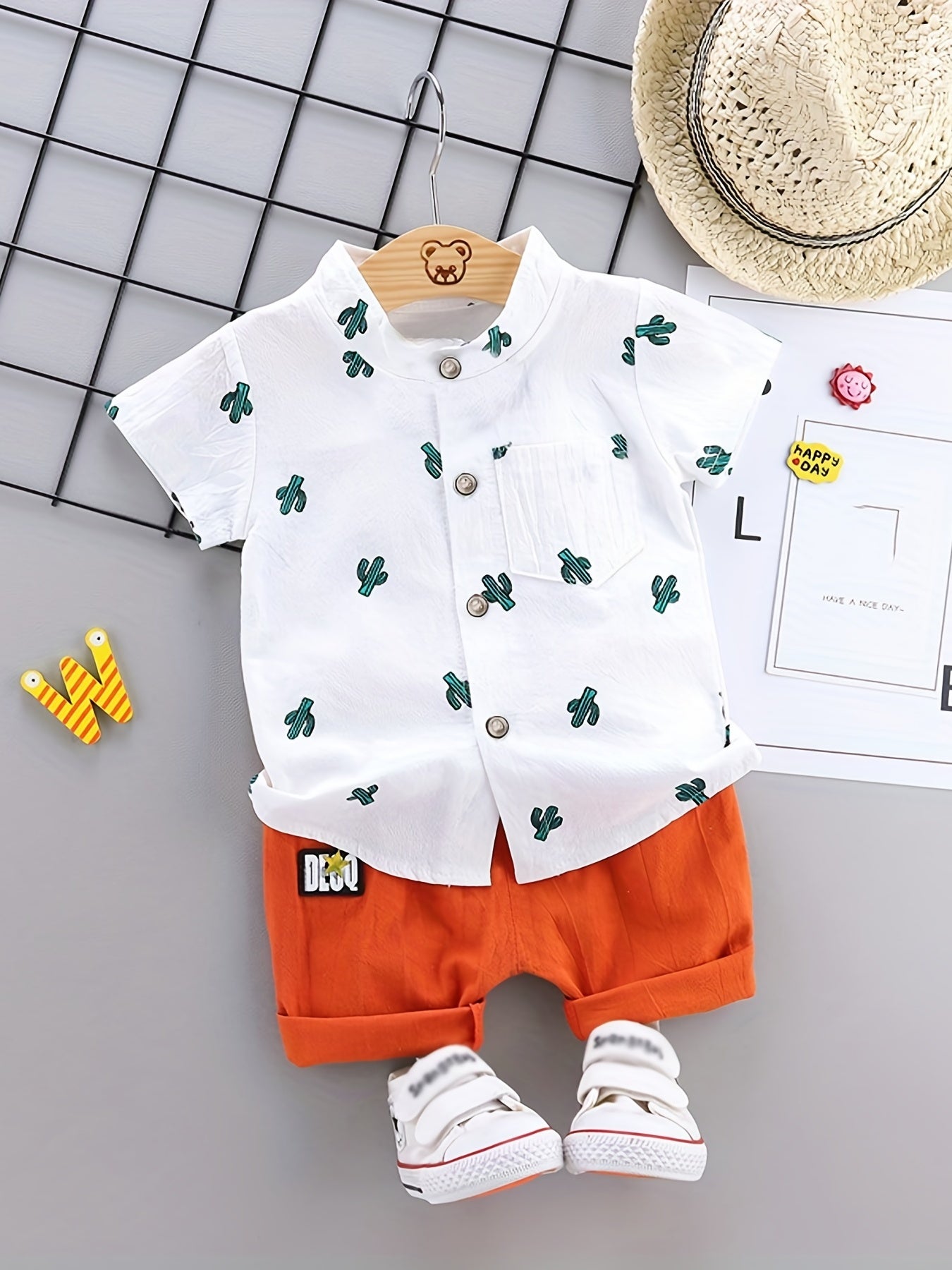 2pcs Baby Boys Dinosaur Print Button Short Sleeve Shirt Top & Elastic Waist Shorts Set Toddler Summer Clothes For Daily & Outdoor Wear