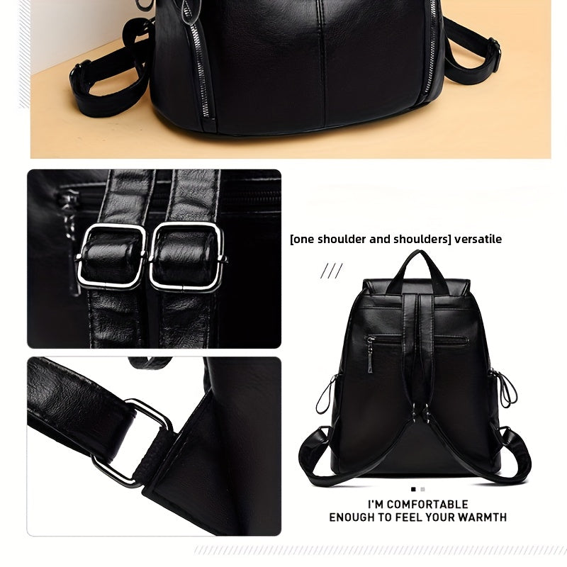 Women'S Genuine Leather Backpack - Elegant Minimalist Purse with Adjustable Shoulder Straps & Zipper Closure, Spacious Interior Compartment - for Work, Travel, School, Everyday Use - Available in Black, Red, Blue, Purple - Du