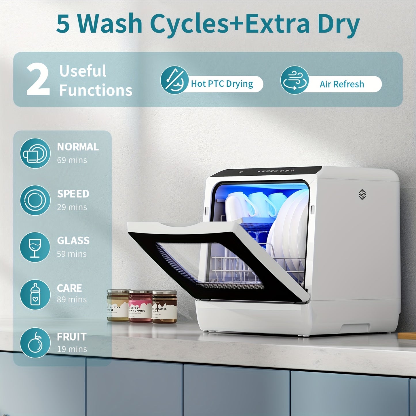 Independent Countertop Dishwasher, 5+1 Wash Programs, Built-in 5L Water Tank, Two Water Supply Modes, With Hot Air Drying And Automatic Ventilation Functions, Suitable For Homes, Apartments, And RVs.