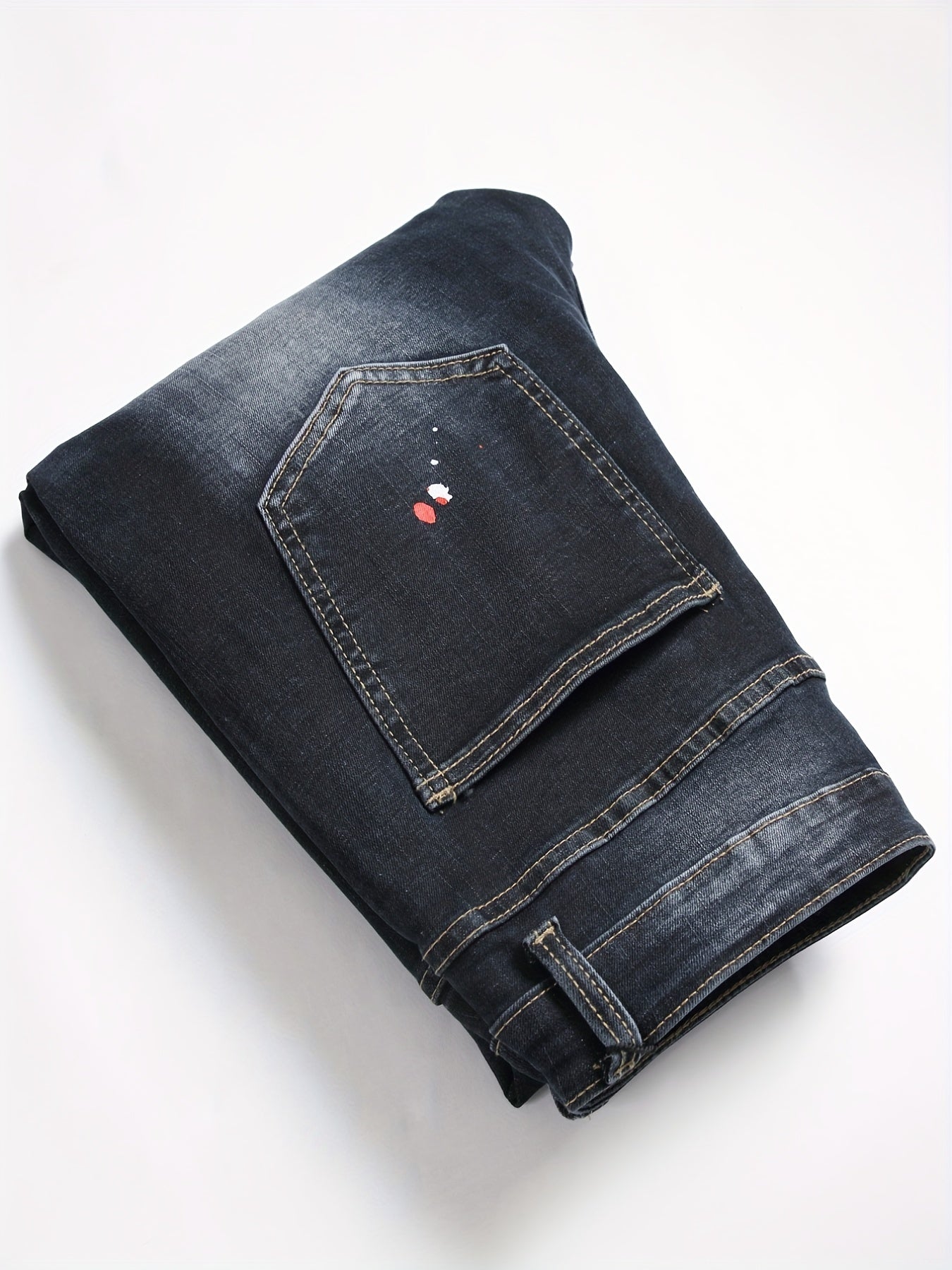 Patch Splatter Ripped Jeans, Men's Casual Street Style Distressed Slim Fit High Stretch Denim Pants For Spring Summer