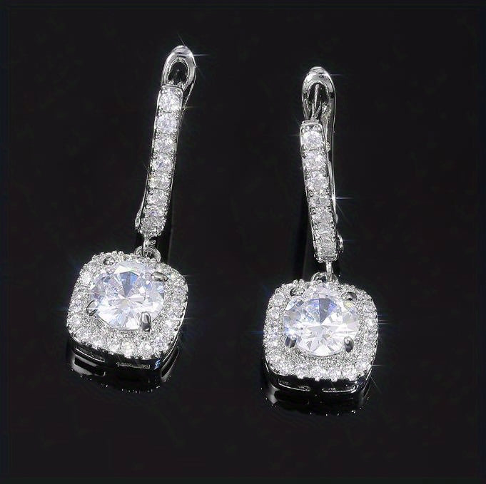 Sterling 925 Silver Ear Jewelry Square Shape Shiny zirconia Decor Dangle Earrings Luxury Style Banquet Party Ear Ornaments