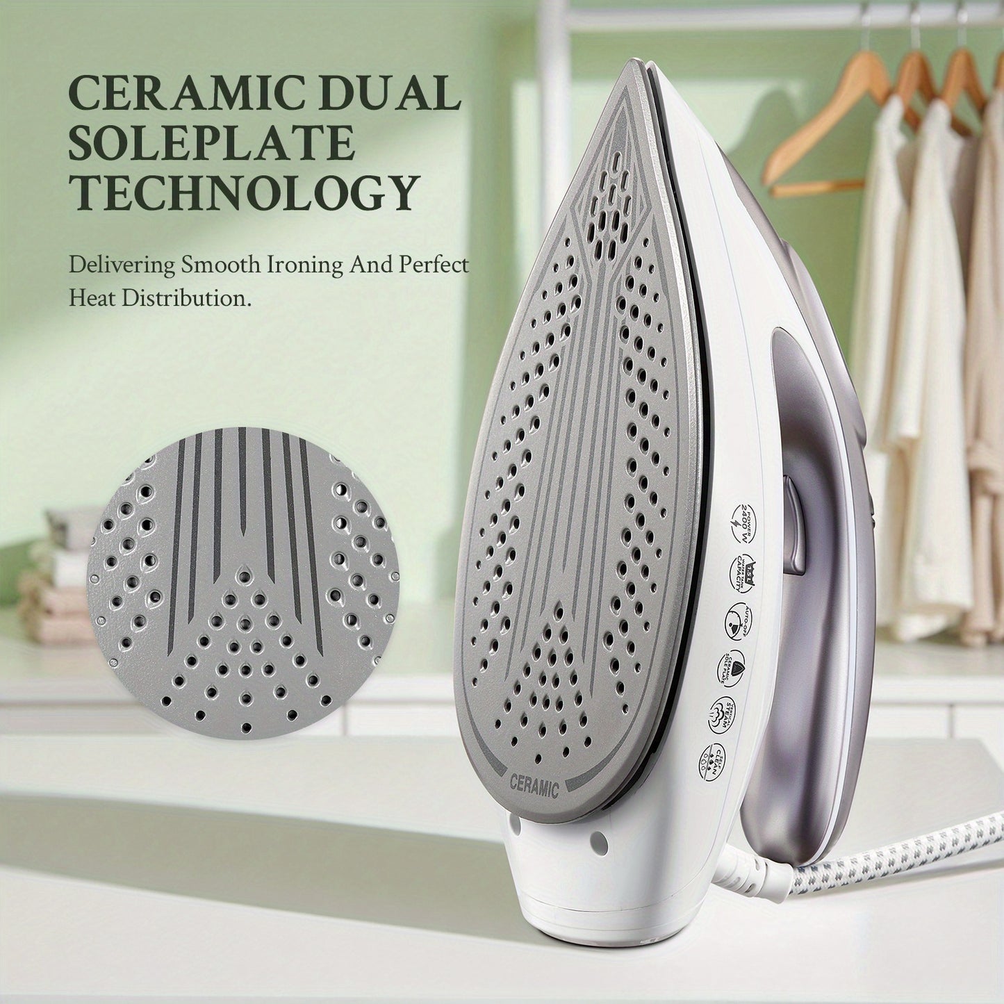 Yabano 2400W Steam Station Iron with 5.5 Bar Pressure, 1.5L Water Tank, Ceramic Soleplate, Anti-Limescale Function, Vertical Steaming, 3 Variable Temperatures, Cord Storage, Light Purple - 220-240V, European Plug, Steam Iron