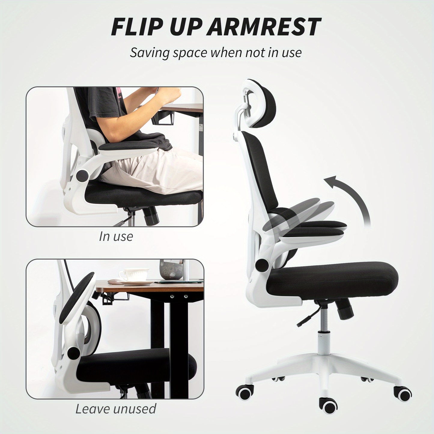 HOMCOM Ergonomic Office Chair with Flip-Up Armrests & Headrest - Adjustable Height, Lumbar Support, Rocking Motion, Mesh Backrest & Seat - Heavy-Duty 226.8KG Capacity, Manual Recline - Black Desk Chair For Home Office, Study,