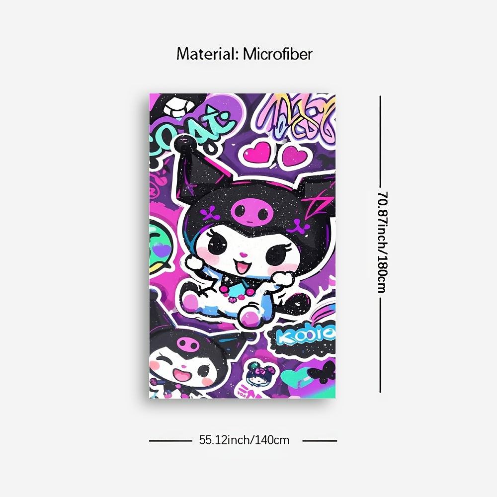 1pc Sanrio Kuromi Cartoon Beach Towel - Quick-Dry Microfiber Oversized Bath & Beach Towel with Vibrant Purple & Pink Anime Design, Hearts, Stars & Playful Phrases for Pool, Travel, Bath, Poolside Accessory, Playful Design, Qu