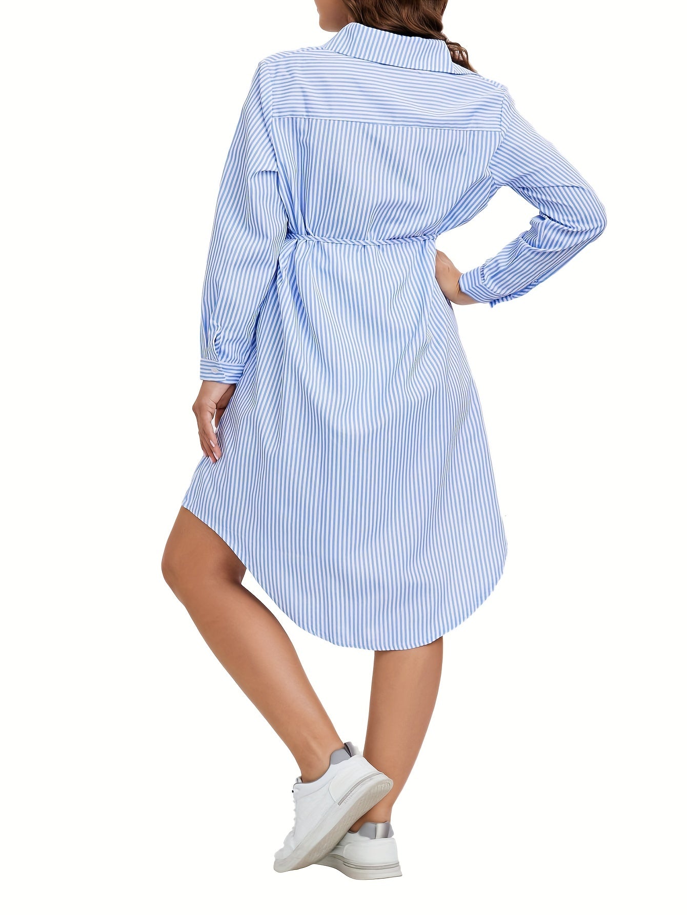 Elegant Striped Maternity Dress with Belt - Long Sleeve, Knee-Length Shirt Style for Women, Machine Washable, Loose, Collar