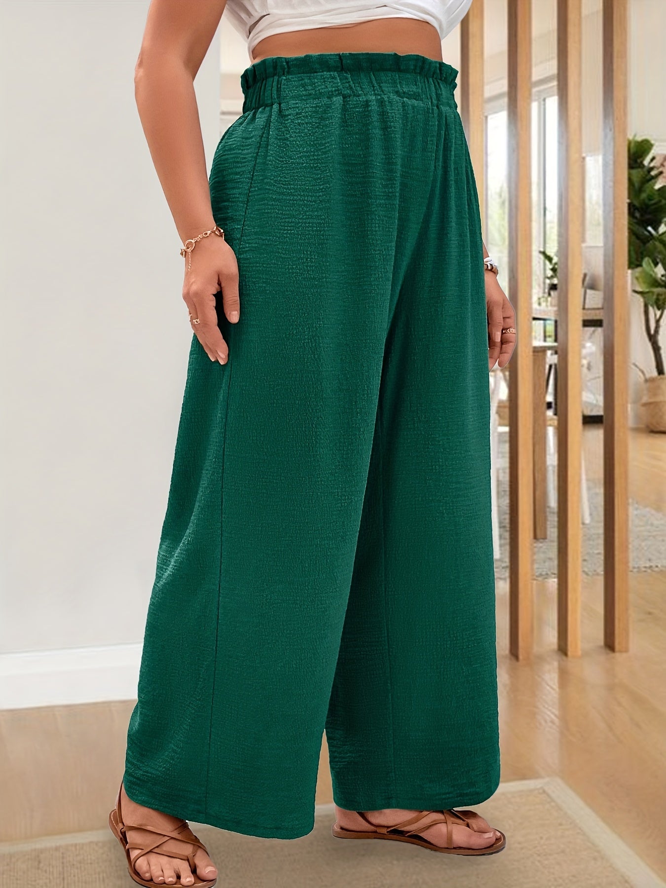 Plus Size Casual Pants, Women's Plus Plain High Rise Elastic Medium Stretch Wide Leg Pants