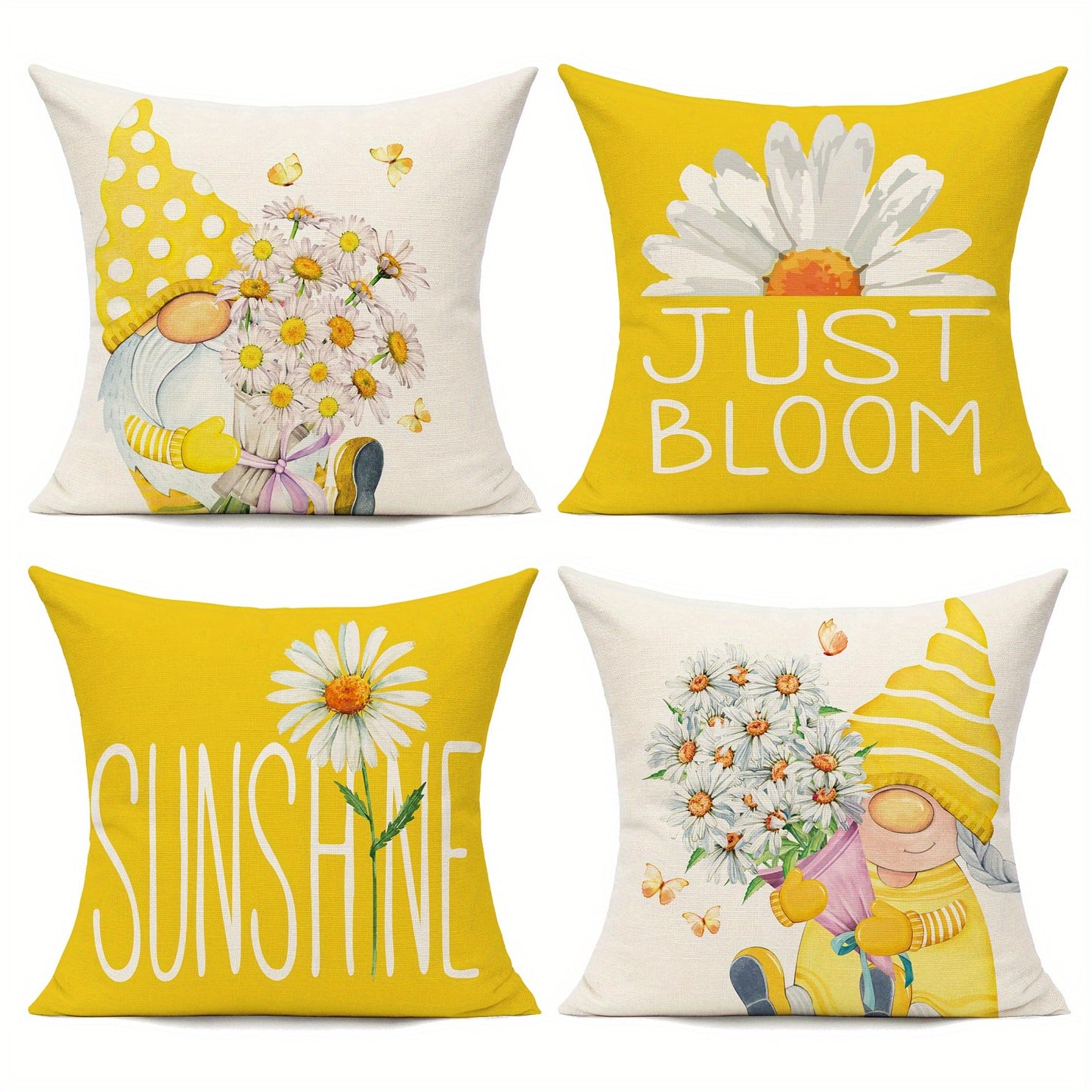 4pcs Daisy Flower Gnome Pattern Spring Throw Pillow Covers, For Home Couch Patio Furniture Bench Sofa Porch Decor, No Pillow Insert, 45.72*45.72cm