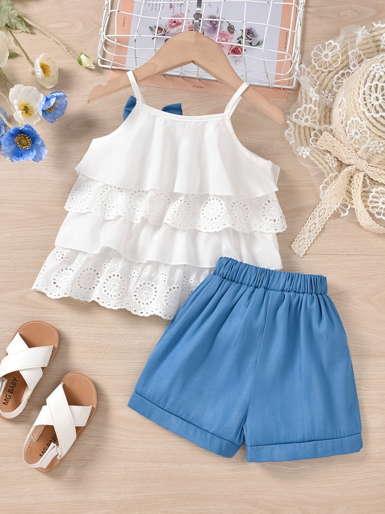 Cute Ruffle Lace Top & Check Shorts Two-Piece Set - White Blouse with Yellow Bow, Yellow & White Gingham Shorts, Perfect for Spring/Summer, Casual Playwear|Ruffle Detail Top|Nonstretch Fabric, for Outdoor