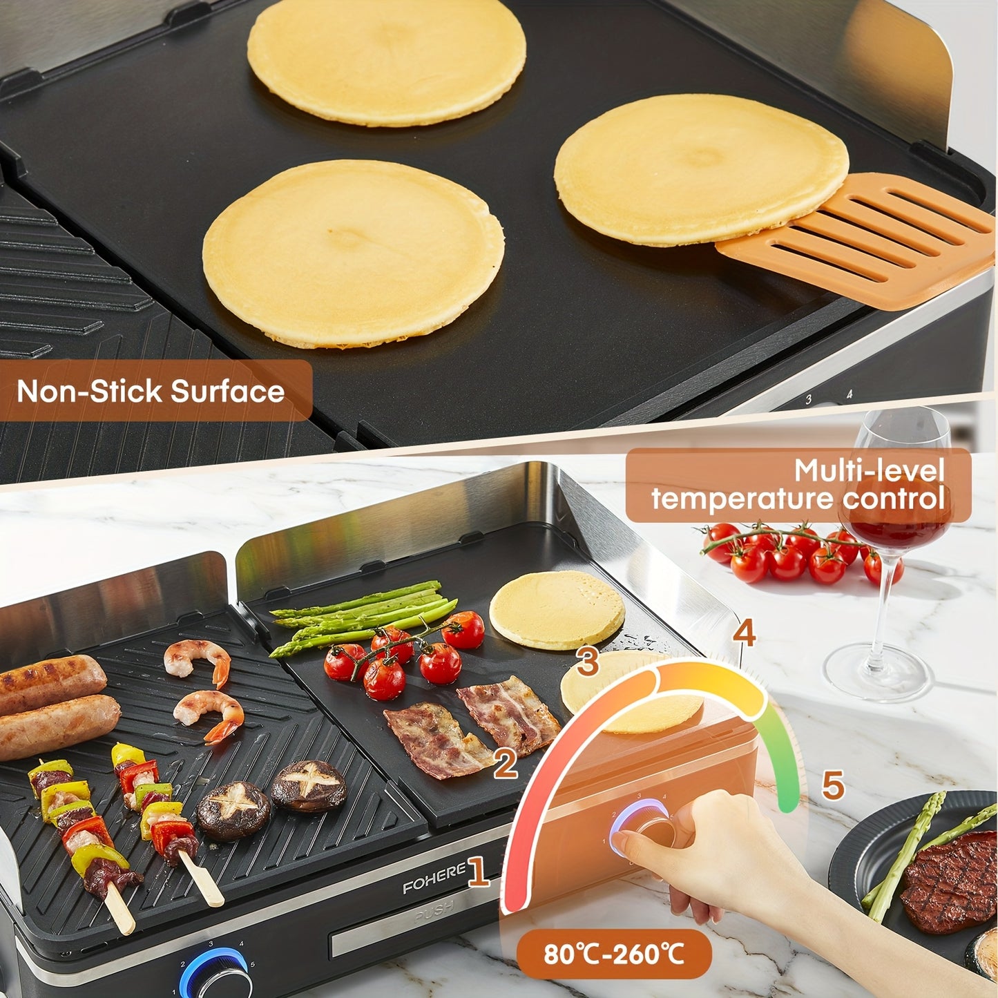 2400W Electric Indoor Grill Griddle with large 25x30cm nonstick plates, 2-part adjustable temperature control, pancake and egg maker, drip tray and indicator light - Portable stainless steel flat top grill for kitchen, camping, etc.