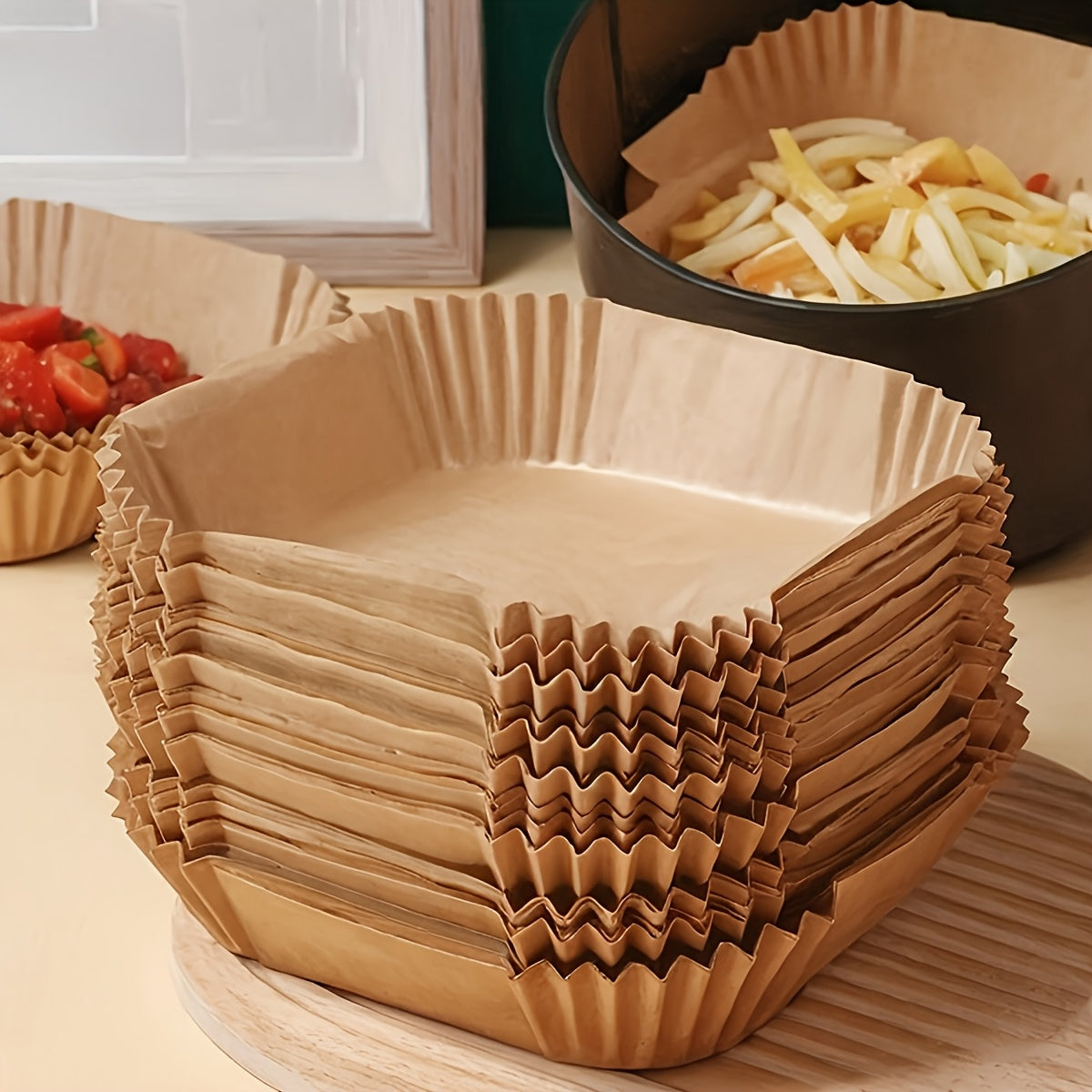 100pcs Non-Stick Air Fryer Liners - Premium Paper Single Sheets with Ridged Edges for Secure Cooking, Easy Cleanup & Healthy Cooking - Multi-Use for Baking, Roasting, Microwaving - Ideal for Home & Commercial Kitchens, Air Fr