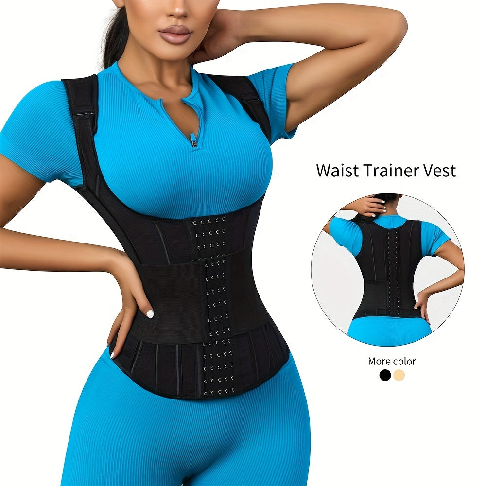 Polyamide Women's Waist Trainer Corset - Back Support with Dual Waist Straps, Adjustable Shoulder Straps, Hard Control Knit Fabric Cincher, Breathable with Steel Frame Support, 72.7% Polyamide 27.3% Elastane, Washable - 1 Pc