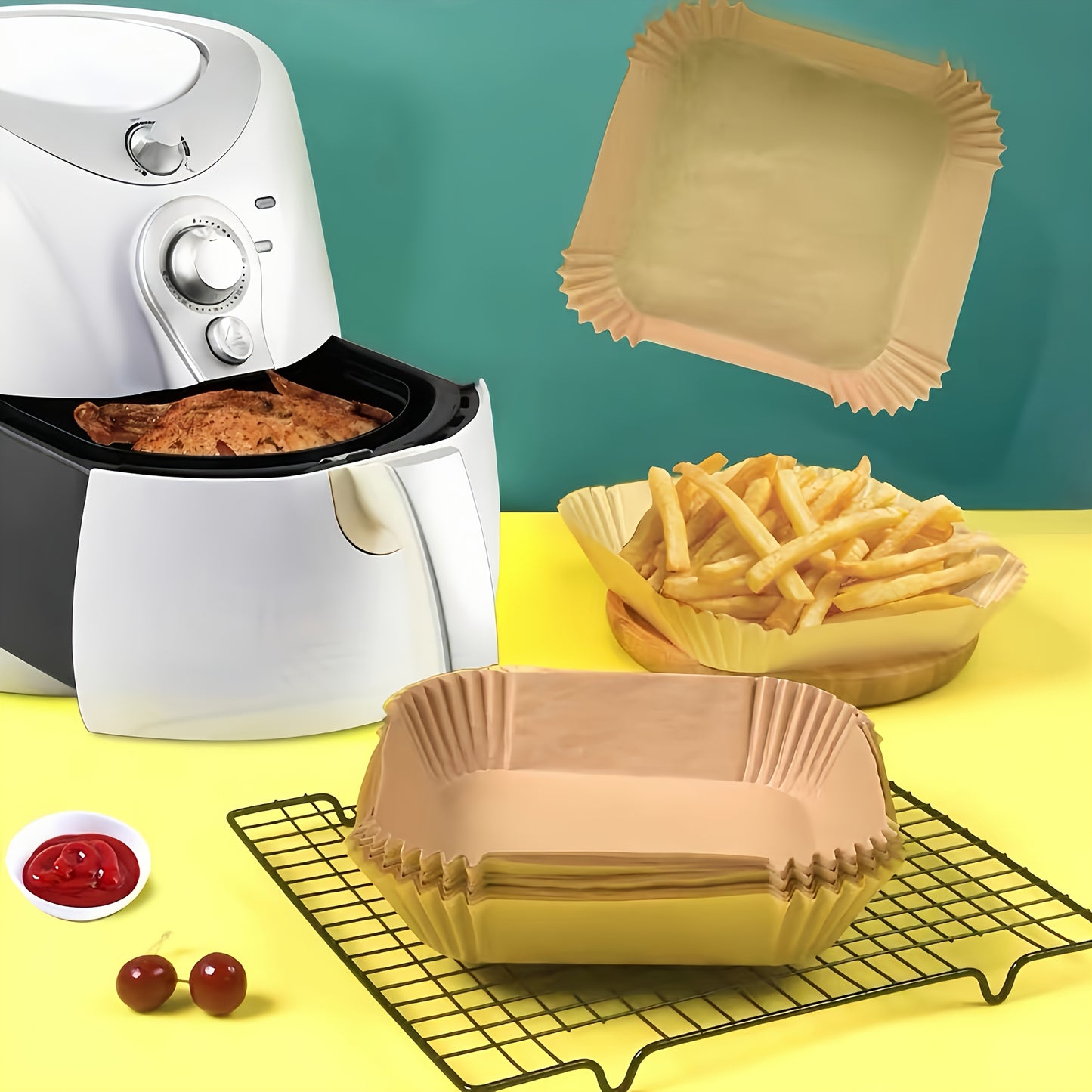 100pcs Non-Stick Air Fryer Liners - Premium Paper Single Sheets with Ridged Edges for Secure Cooking, Easy Cleanup & Healthy Cooking - Multi-Use for Baking, Roasting, Microwaving - Ideal for Home & Commercial Kitchens, Air Fr