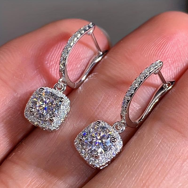 Sterling 925 Silver Ear Jewelry Square Shape Shiny zirconia Decor Dangle Earrings Luxury Style Banquet Party Ear Ornaments