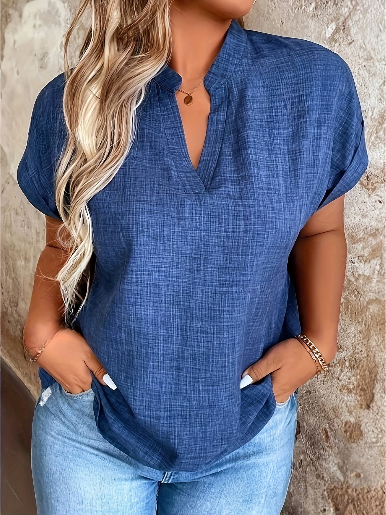 Women's Casual V-Neck Blouse with Small Stand-Up Collar - Vibrant Yellow Solid Color, Regular Fit, Machine Washable, Versatile for Spring Summer Fall, Seasonal Fashion Top, Sophisticated Casualwear, Lightweight Fabric, Everyd