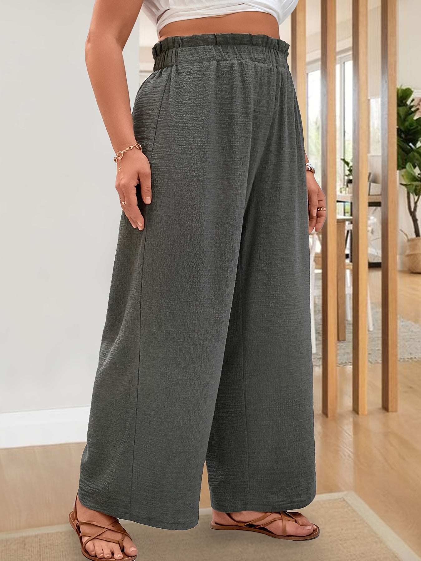 Plus Size Casual Pants, Women's Plus Plain High Rise Elastic Medium Stretch Wide Leg Pants