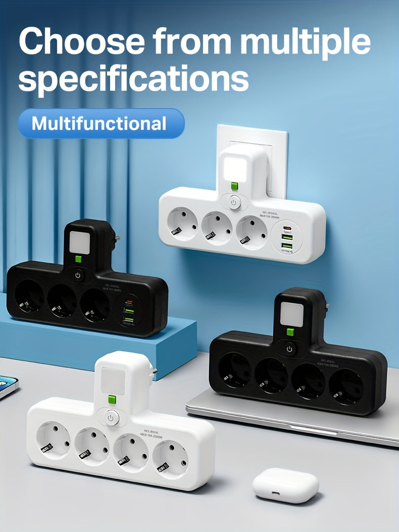 European Plug USB Adapter with 2 USB Ports, 1 C-Shaped Independent Switch, No-Blocking Compact Design, 10A 2500W, Suitable for Home Office Kitchen, Modern Plug Design, Durable Power Outlet