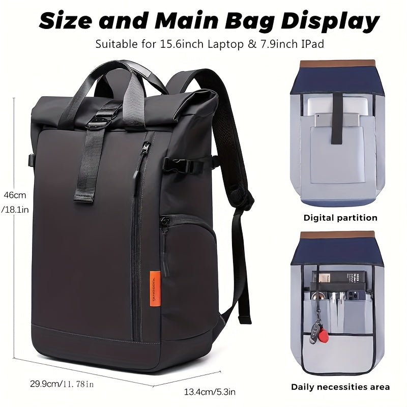 Stylish Business Backpack with Rolling Design, Men's Outdoor Commuter Bag, Casual Daypack Suitable for Outings and Leisure Travel, 15.6-inch Laptop Sleeve