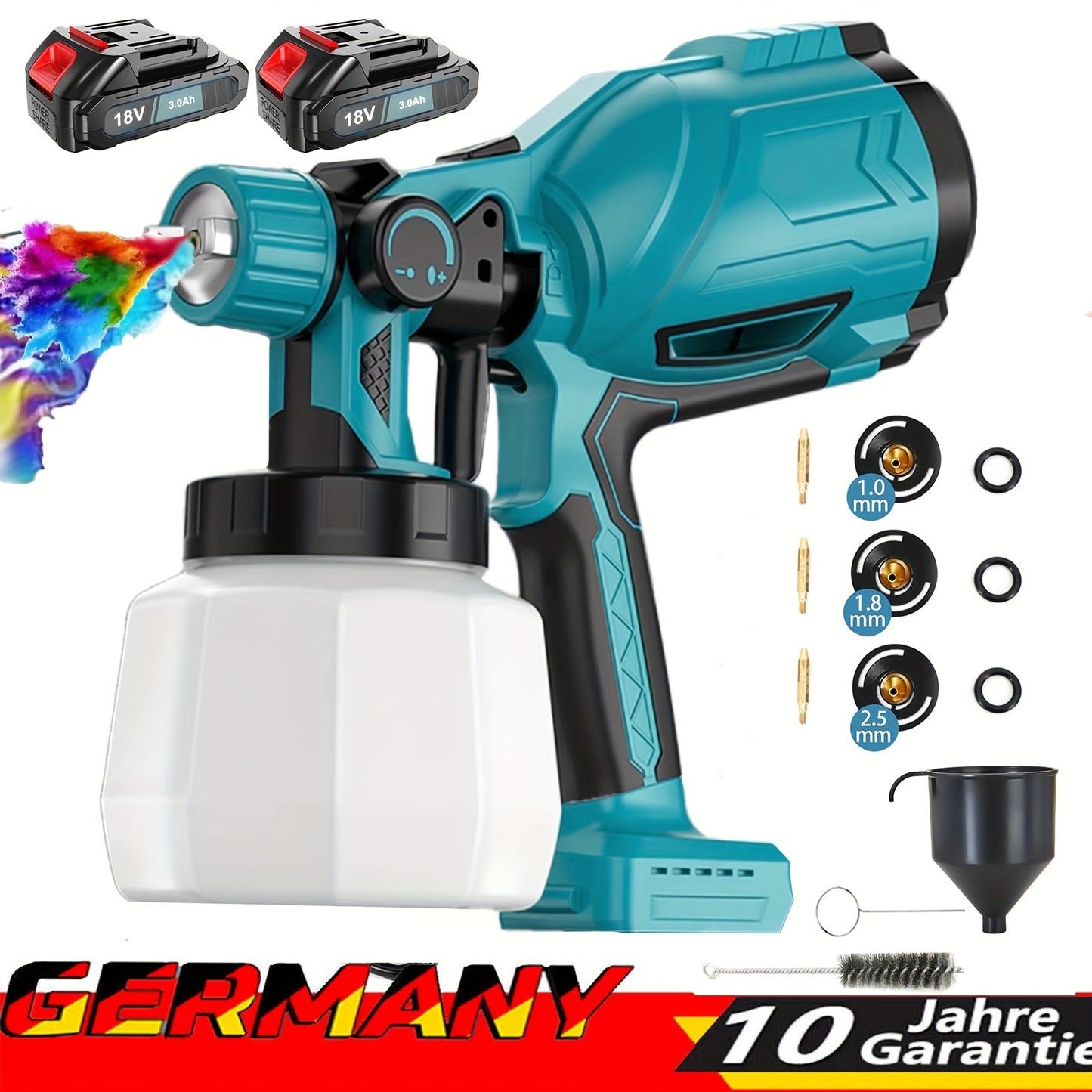 Fence Paint Sprayer with 2x 3000mAh Lithium Ion Batteries, HVLP Cordlss Paint Sprayer Compatible with Makita 18V Battery, 1000ml Tank 4 Nozzles And 2 Cleaning Tools, 3 Patterns Battery Spray Gun Paint Sprayer for Walls And Ceiling