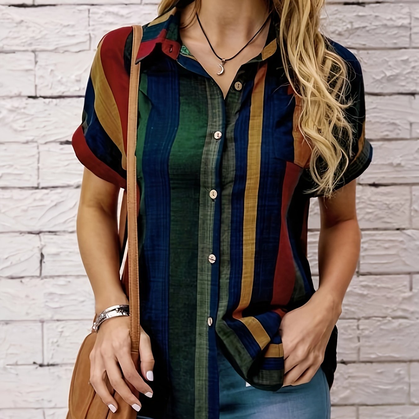 Striped Print Button Front Blouse, Vintage Short Sleeve Blouse For Spring & Summer, Women's Clothing