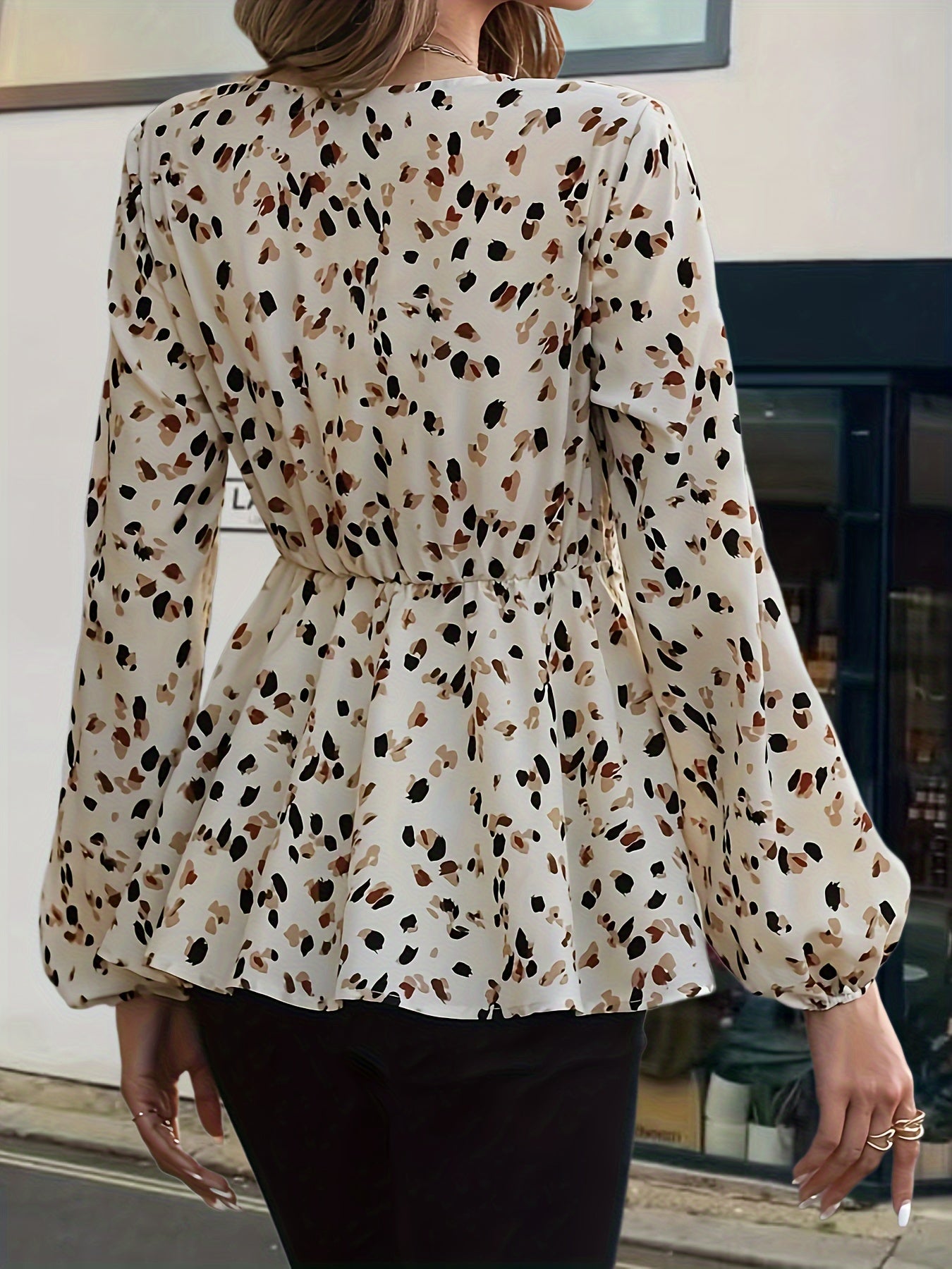 Allover Print Tie Waist Blouse, Vintage V-neck Lantern Sleeve Blouse For Spring & Fall, Women's Clothing