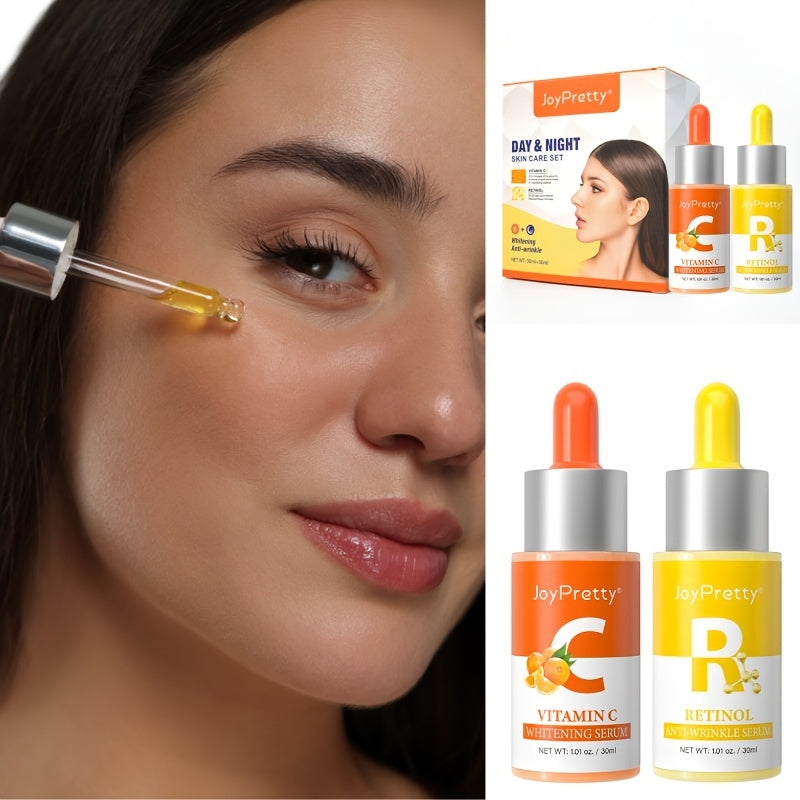 Vitamin C Serum In The Morning And Retinol Essence In The Evening, Facial Skin Care Serum Set, Moisturizing, Rejuvenating Essence To Improve Rough Skin, 30ml*2pcs/Set With Plant Squalane