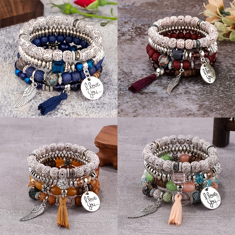 4pcs Bohemian Ethnic Style Winged Tassel Beaded Bracelets, Women's Fashion Jewelry, Versatile for Casual Attire and Perfect Holiday Gift for Girlfriend or Wife!