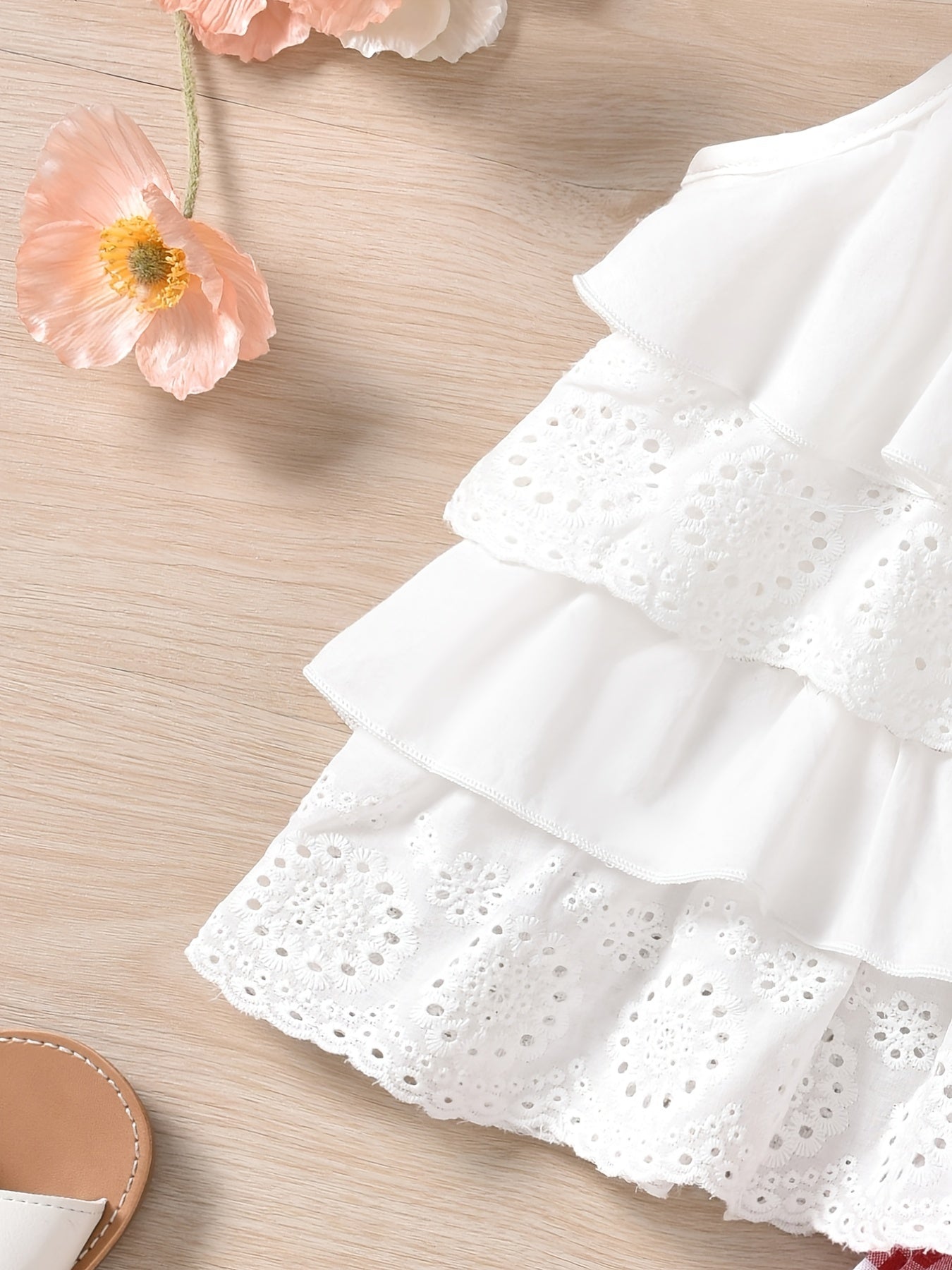 Cute Ruffle Lace Top & Check Shorts Two-Piece Set - White Blouse with Yellow Bow, Yellow & White Gingham Shorts, Perfect for Spring/Summer, Casual Playwear|Ruffle Detail Top|Nonstretch Fabric, for Outdoor