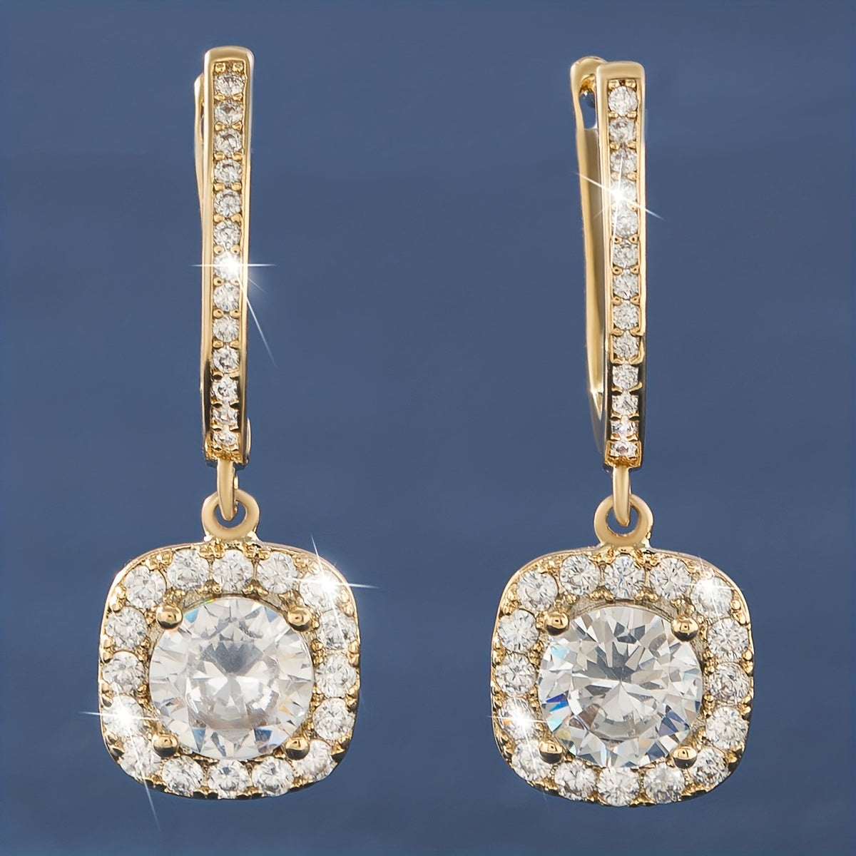 Square Shiny Zircon Decor Luxury Dangle Earrings Copper 14K Gold Plated Jewelry Exquisite Female Gift