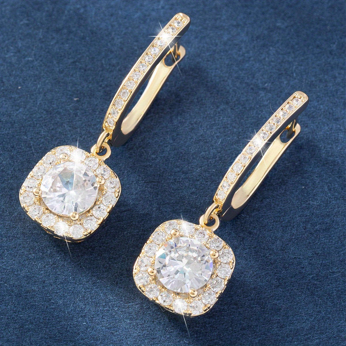 Square Shiny Zircon Decor Luxury Dangle Earrings Copper 14K Gold Plated Jewelry Exquisite Female Gift