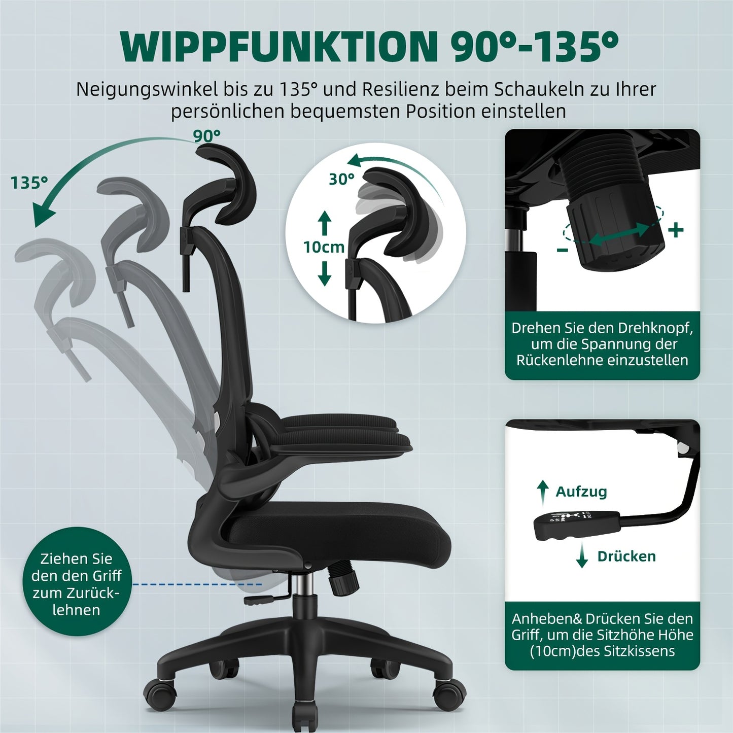 Cadeira de Escritório Ergonómica com Apoio Lombar e Braços Rebatíveis