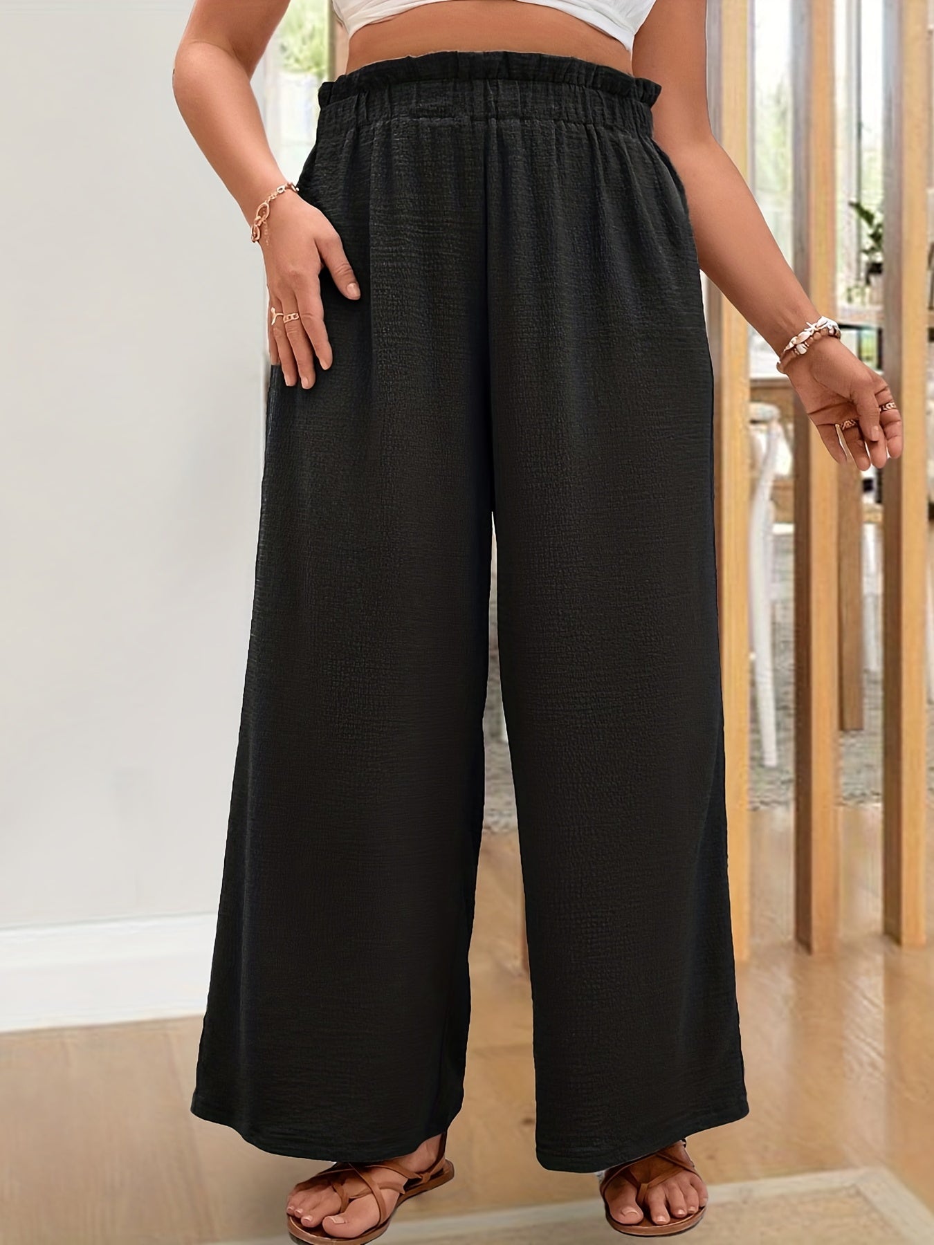 Plus Size Casual Pants, Women's Plus Plain High Rise Elastic Medium Stretch Wide Leg Pants