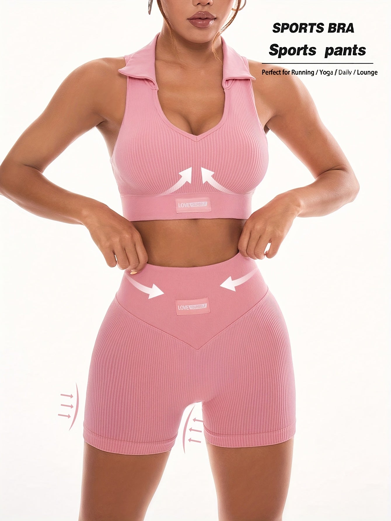 Women'S High Stretch Ribbed Fitness Set, Pink Sleeveless Sports Bra and Shorts with Removable Pads, Ideal for Running and Outdoor Activities